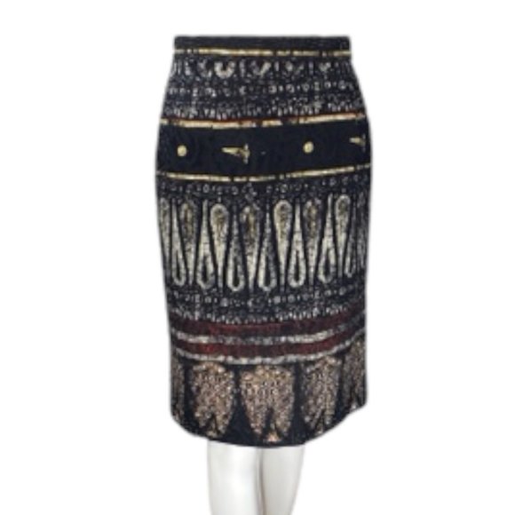 Patricia Rhodes Black Wool Silk Blend Ethnic Print Skirt 6 - Picture 9 of 12